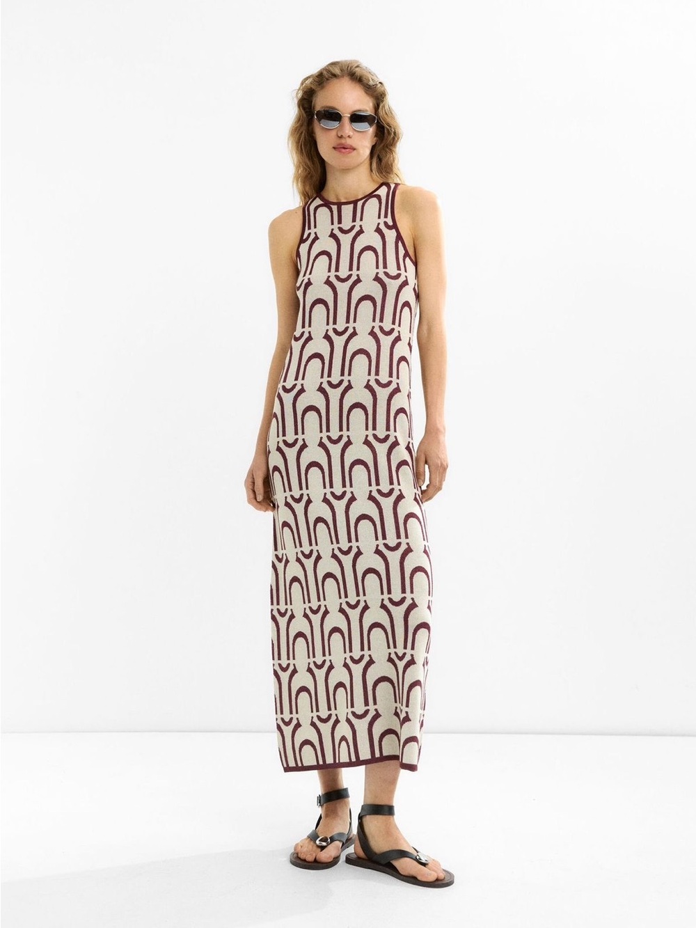 Sleeveless Cream Maxi Dress with Burgundy Geometric Print
